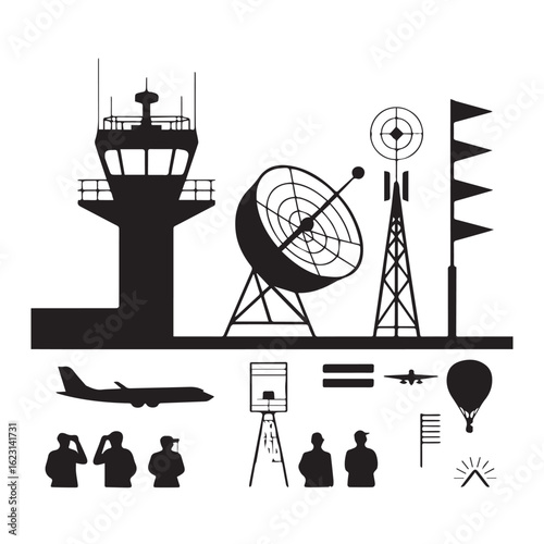 Airport control tower radar dishes communication towers airplanes and aviation personnel in a clear silhouette style illustration