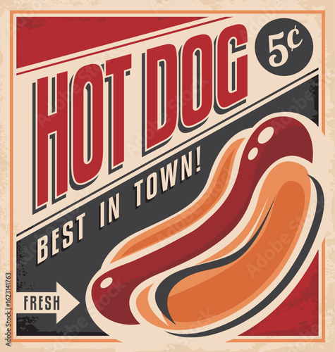 Vintage hot dog poster with retro typography, 5 cent price, and nostalgic fast food advertising style