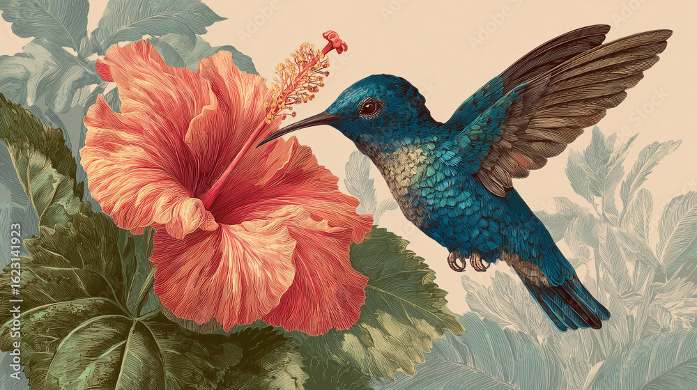 Obraz premium Detailed Illustration of Hummingbird with Hibiscus Flower and Tropical Foliage