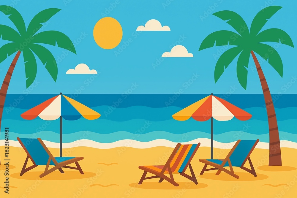 Obraz premium Tropical Beach Scene with Palm Trees and Sun Loungers.Vibrant tropical beach with palm trees, sun loungers, and umbrellas under a bright sun—perfect for summer, vacation, and outdoor relaxation themes
