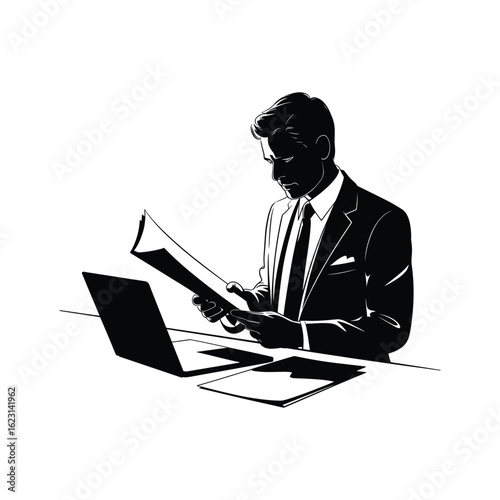 Businessman in suit reading documents at desk with laptop