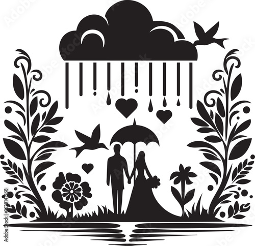 Romantic Wedding Silhouette with Floral Border and Rainy Cloud – Vector Love Scene Illustration.