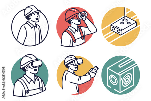 Construction worker with vr headset and electrical junction box icons