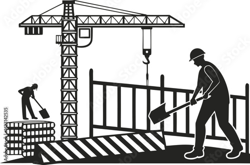 Silhouette of construction workers, crane, and safety barriers at a building site. Black vector clip art icon on transparent background. Perfect for labor, industry, and safety themes.


