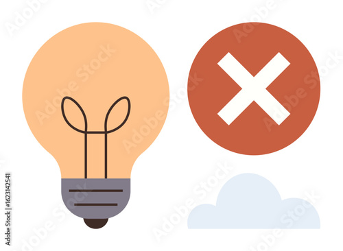 Lightbulb next to a red X inside a circle with a cloud below. Ideal for ideas, failure, rejection, innovation, brainstorming, problem-solving, creativity. A simple flat metaphor