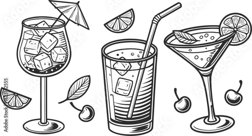 Flat vector drink is sitting in glass with ice, citrus slices, garnishes on transparent background. a detailed vintage-style vector illustration of assorted cocktail and drink glasses.