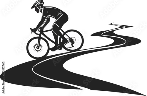 Silhouette of a cyclist riding a bike on a winding road. Black vector clip art icon isolated on transparent background. Ideal for sports, fitness, and travel concepts.