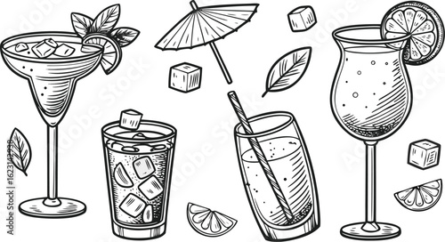 Flat vector drink is sitting in glass with ice, citrus slices, garnishes on transparent background. a detailed vintage-style vector illustration of assorted cocktail and drink glasses.