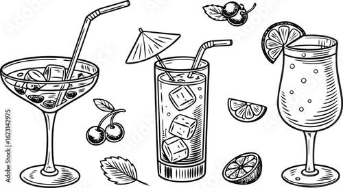 Flat vector drink is sitting in glass with ice, citrus slices, garnishes on transparent background. a detailed vintage-style vector illustration of assorted cocktail and drink glasses.