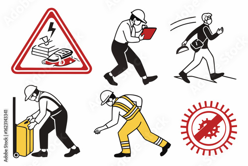Workers in safety gear responding to electrical hazard warning sign