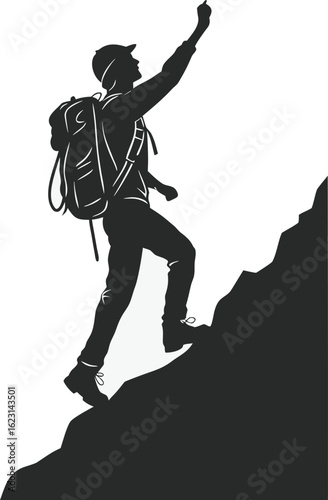 Vector silhouette of a mountain climber ascending a steep slope with a backpack. Black clip art icon isolated on transparent background. Ideal for adventure and hiking themes.