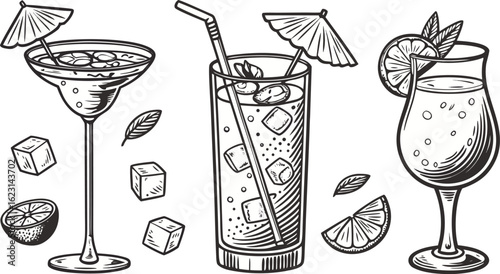 Flat vector drink is sitting in glass with ice, citrus slices, garnishes on transparent background. a detailed vintage-style vector illustration of assorted cocktail and drink glasses.