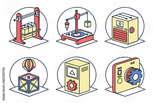 Set of isometric icons representing factory and industrial automation processes
