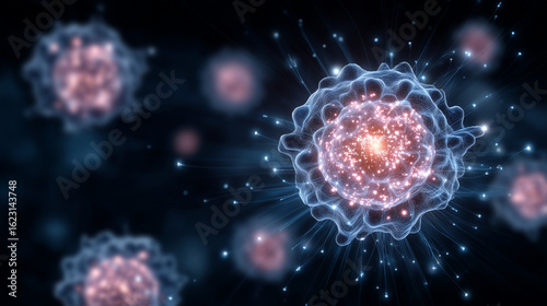 Futuristic medical concept showing immune cells using targeted receptors to identify and destroy mutated cancer cells, with data overlays and neural pathways cancer immunity, immun