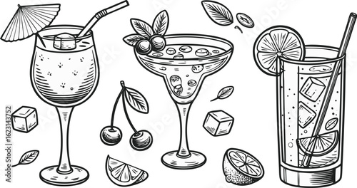 Flat vector drink is sitting in glass with ice, citrus slices, garnishes on transparent background. a detailed vintage-style vector illustration of assorted cocktail and drink glasses.
