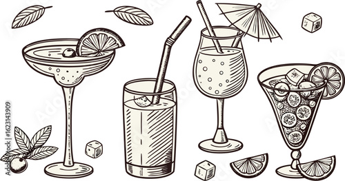 Flat vector drink is sitting in glass with ice, citrus slices, garnishes on transparent background. a detailed vintage-style vector illustration of assorted cocktail and drink glasses.