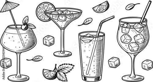 Flat vector drink is sitting in glass with ice, citrus slices, garnishes on transparent background. a detailed vintage-style vector illustration of assorted cocktail and drink glasses.
