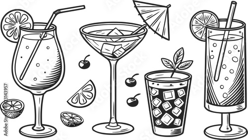 Flat vector drink is sitting in glass with ice, citrus slices, garnishes on transparent background. a detailed vintage-style vector illustration of assorted cocktail and drink glasses.