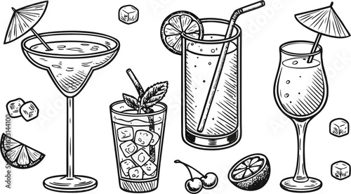 Flat vector drink is sitting in glass with ice, citrus slices, garnishes on transparent background. a detailed vintage-style vector illustration of assorted cocktail and drink glasses.