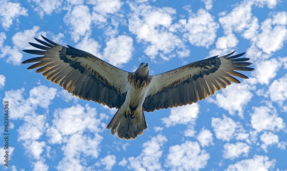 Fototapeta premium Majestic eagle soaring high in the blue sky with wings fully spread