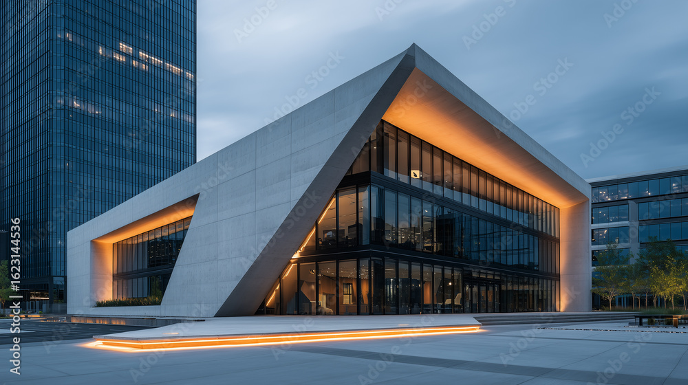 Obraz premium Modern Architecture Exterior at Dusk with Geometric Design and Glass Facade