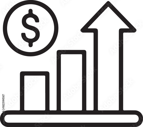 Financial growth and success icon with upward trend arrow and dollar coin
