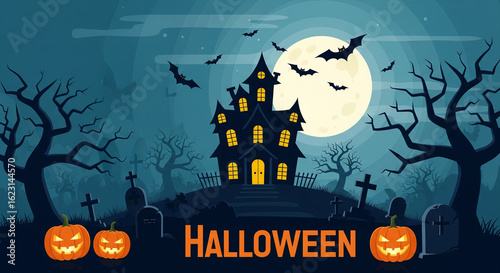 Flat vector design of a spooky Halloween night scene with haunted house silhouette, flying bats, full moon, bare trees, gravestones, and jack-o’-lanterns glowing
