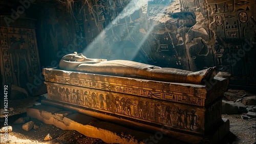 Ancient Egyptian sarcophagus inside cave, old tomb of pharaoh with natural day lighting, concept of Egypt, mummy, grave, archeology