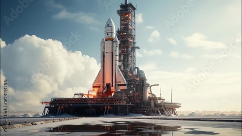 Space rocket with shuttle at sls against sky, spacecraft on launch pad, theme of science, travel, technology, spaceport