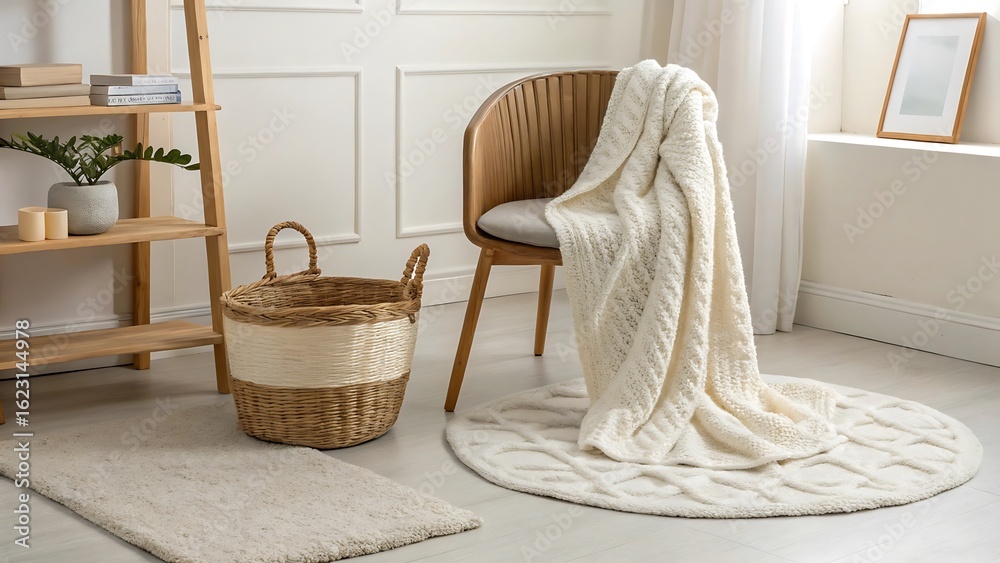 Obraz premium Cozy living room scene with a plush white blanket draped over a wicker chair and a woven basket
