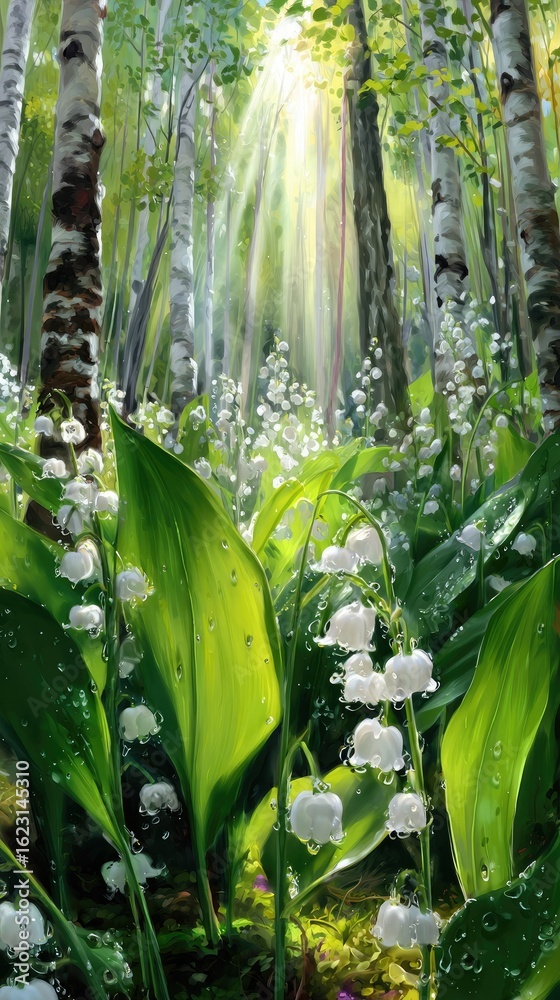 Fototapeta premium Sunlight streams through birch trees, illuminating lily-of-the-valley
