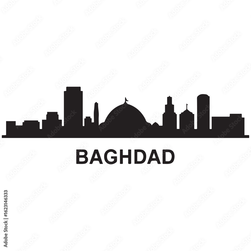Fototapeta premium Baghdad skyline horizontal banner. Baghdad, Iraq. Vector template for your design. Vector black silhouette. with white background
