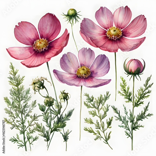 Pink cosmos flowers blossom beautifully in a summer garden, their petals in a mix of pink and white