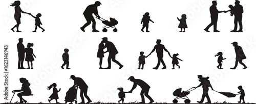 Collection of vector silhouette icons depicting parents and children in various activities. Black clip art set isolated on transparent background. Ideal for family and parenting themes.

