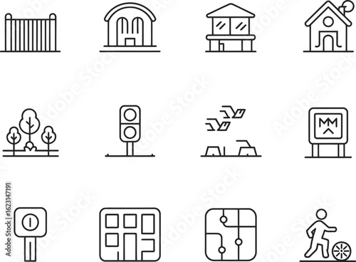 Collection of hand drawn urban and outdoor icons for navigation and city life