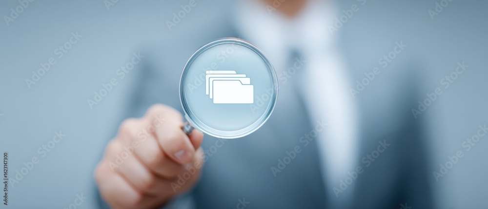 Fototapeta premium An authoritative person in a business suit examines a digital file icon with a magnifying glass, symbolizing in-depth document review and data analysis. 