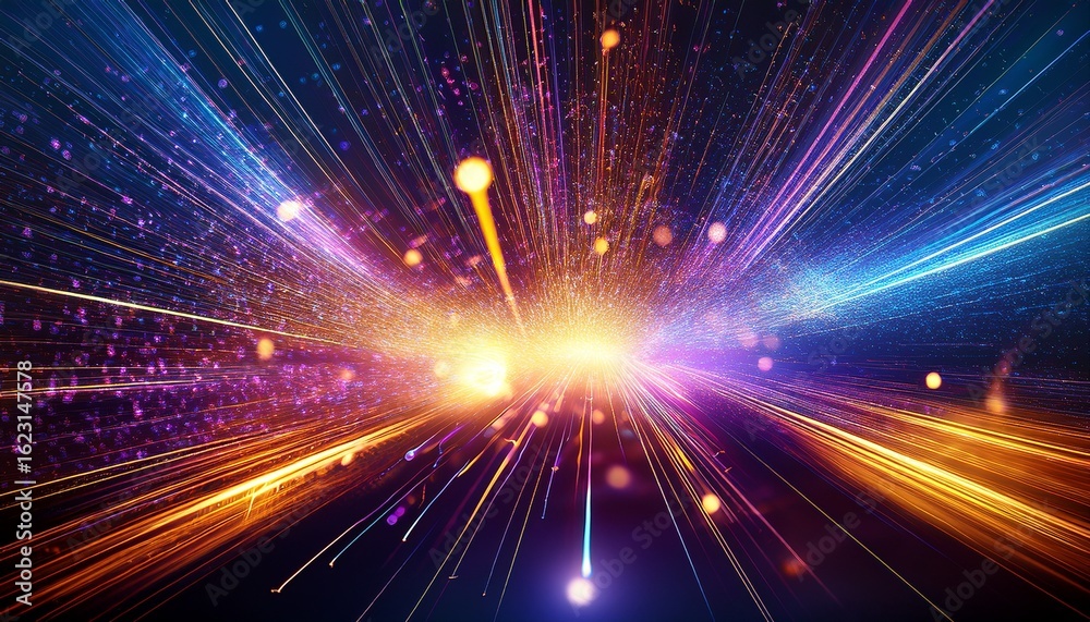 Fototapeta premium a vibrant explosion of glowing particles and light streaks scattered across a dark background