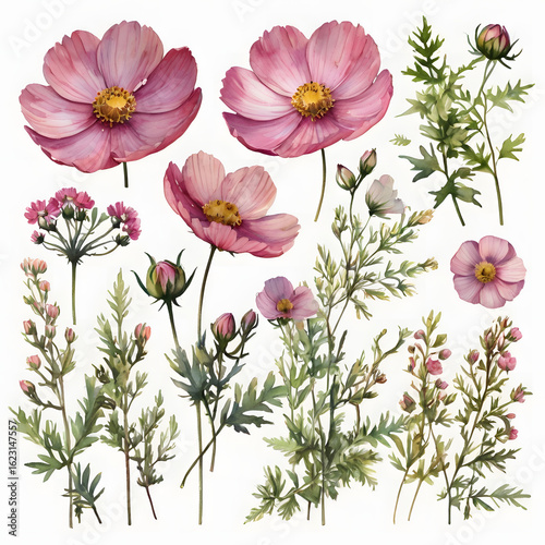 Close-up macro of vibrant pink and white spring cosmos flowers isolated on a pure white background, showcasing their intricate petals and natural beauty
