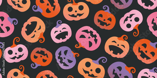 Seamless trendy Halloween pattern with stylized Jack-o'-lantern faces, carved pumpkins in retro colors with grainy texture for party decoration, vector illustration.