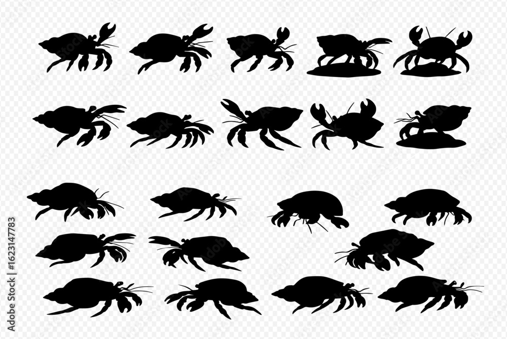 Naklejka premium A collection of black silhouettes depicting various crabs and hermit crabs in different poses and angles on a transparent background.
