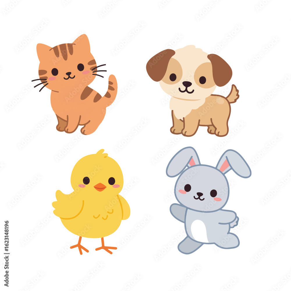 Fototapeta premium Adorable cartoon kittens, puppies, chicks, and bunnies.