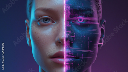 Half Human Half Glitch Face on Gradient Background