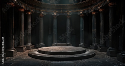 A dimly lit ancient temple interior with columns and a circular platform.