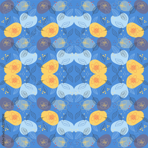 Bright seamless pattern featuring red yellow and blue abstract flowers with stylized leaves in repeating layout.