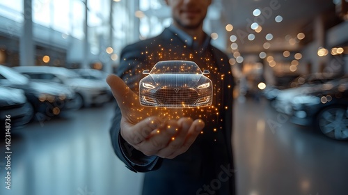 Businessman Presenting Innovative Car Concept in Modern Showroom
