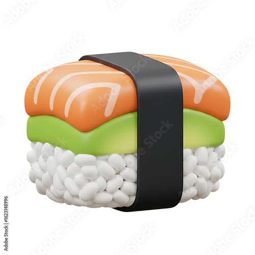 3d Deliciously rendered salmon avocado sushi roll, a vibrant and appealing culinary delight, perfect for food blogs and restaurant promotions