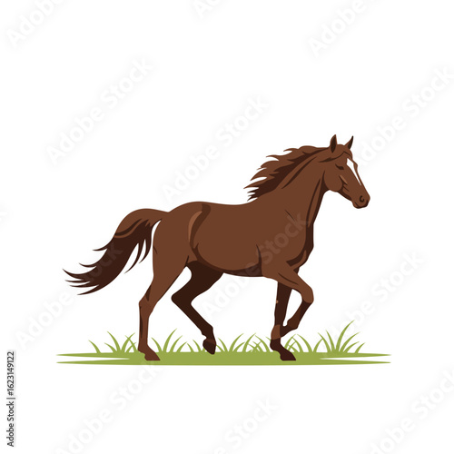 A brown horse gracefully canters across a patch of green grass.