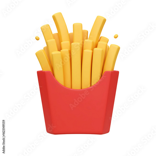 3d Crispy golden french fries overflowing from a vibrant red carton, a universally loved fast food treat bursting with delicious flavor and satisfying crunch