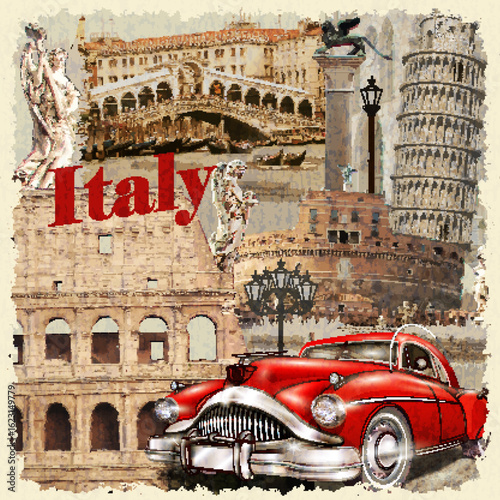Vintage Italy travel poster featuring the Colosseum in Rome with classic red car, ancient architecture, and retro postcard style illustration