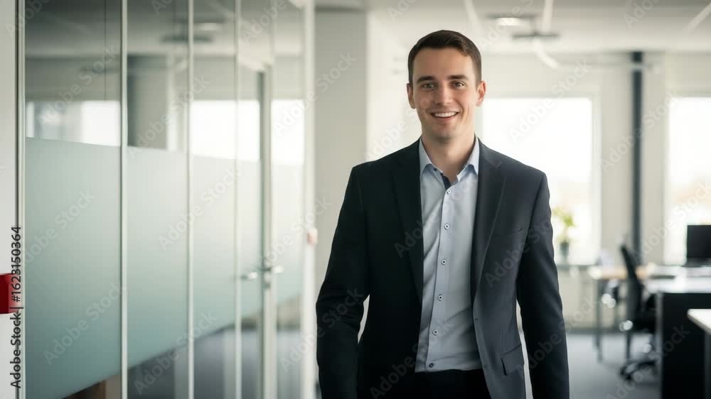 Young Caucasian Businessman Walking and Smiling in Modern Office Young Caucasian Businessman Walking and Smiling in Modern Office